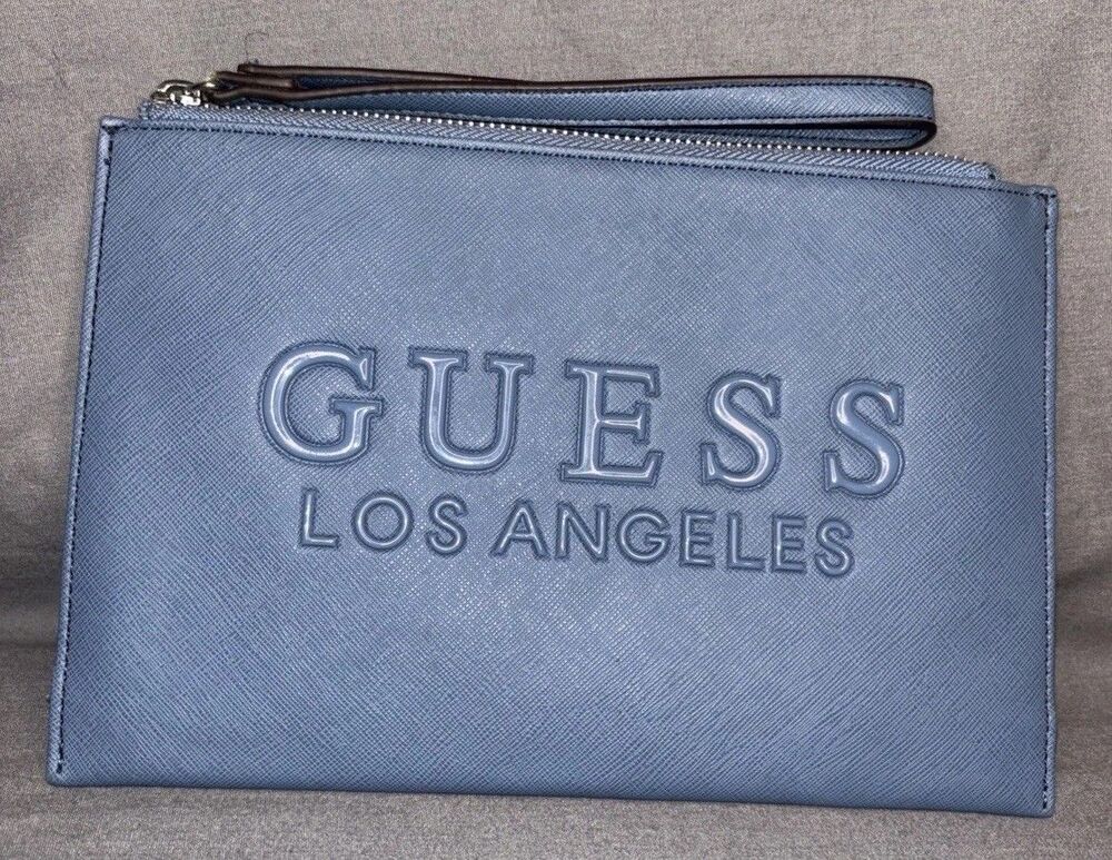 GUESS Los Angeles Wristlet Clutch Zip Purse Blue Minimalist City Girl Style